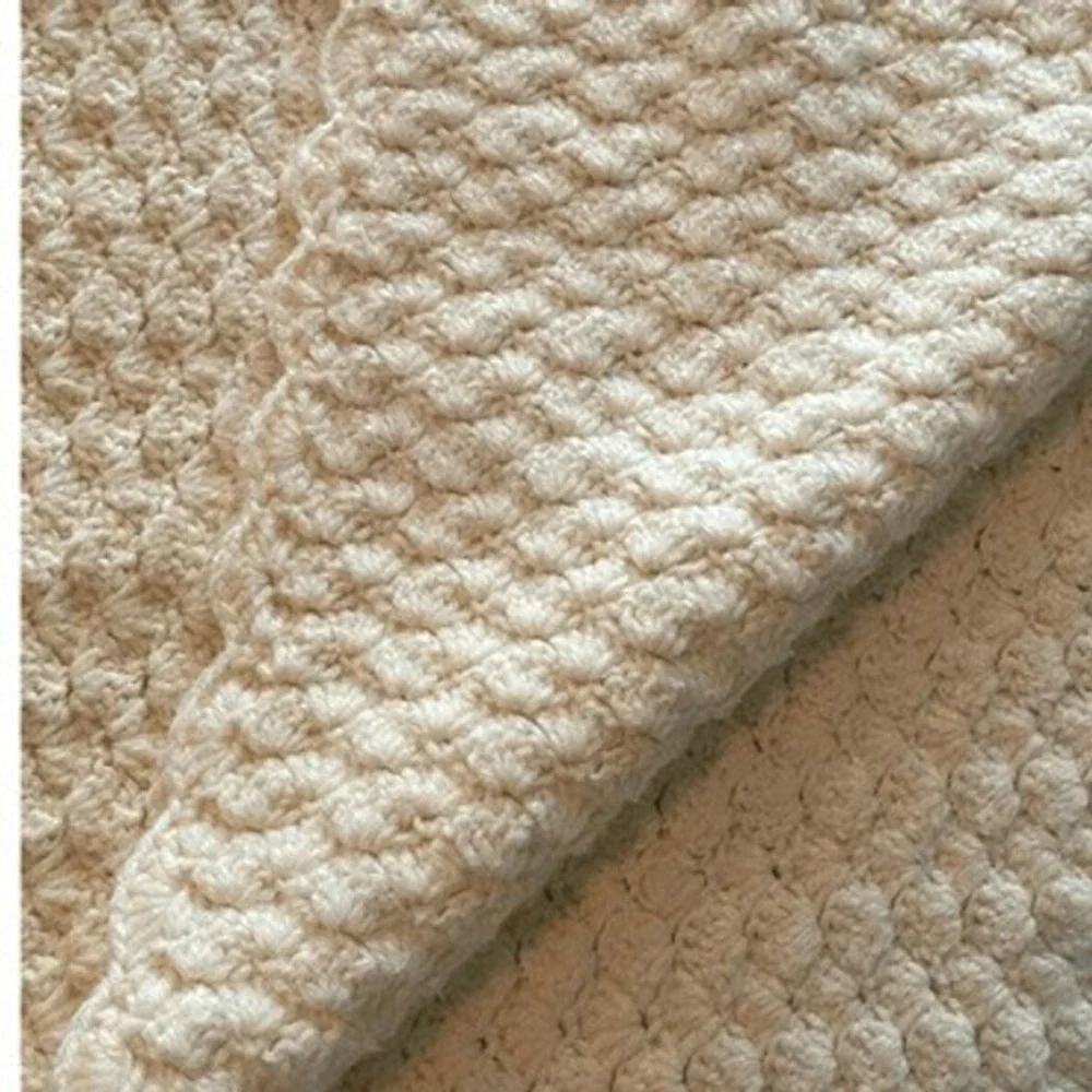 Handmade Crochet Baby Blanket‎ Cream Popcorn Bobble Stitch Scalloped Edge Ivory